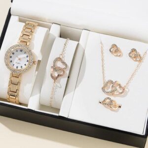 Fashion Exclusive 6PCS Women'S Diamond Inlaid Watch And Jewelry Set Elegant Stainless Steel Alloy Ladies Quartz Wristwatch-Gold